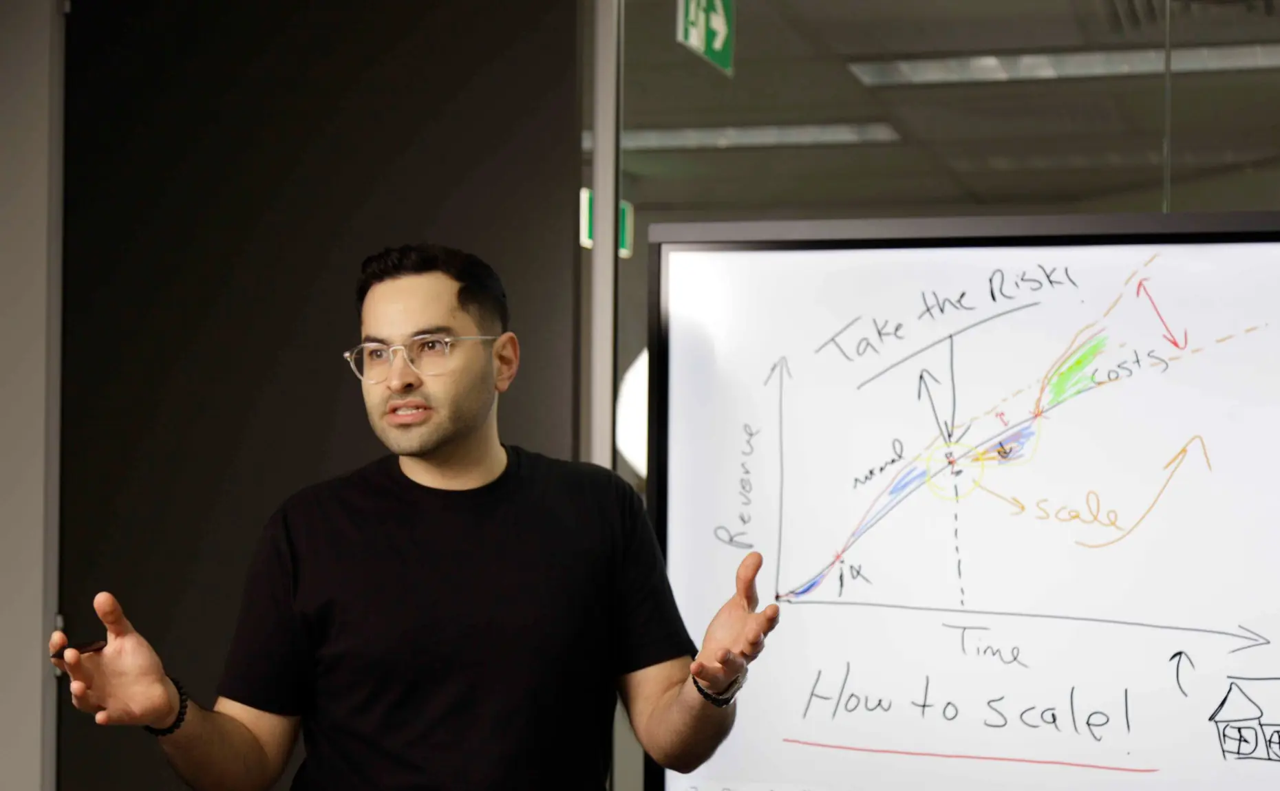 Armin Hashemi exploring how to scale a business at a whiteboard